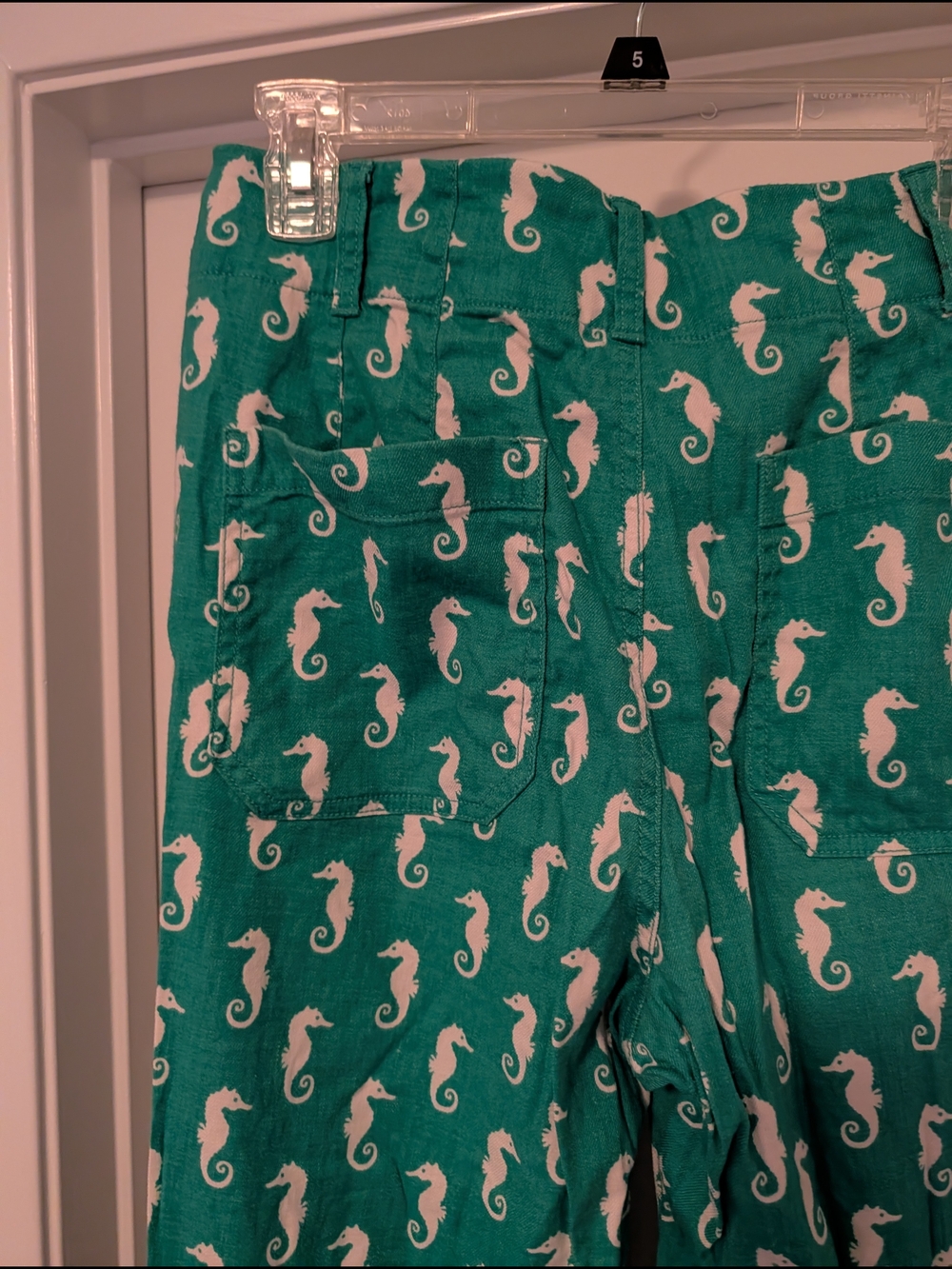 Green Seahorse Print Wide-Leg Pants, Size 29 - Picture 3 of 6